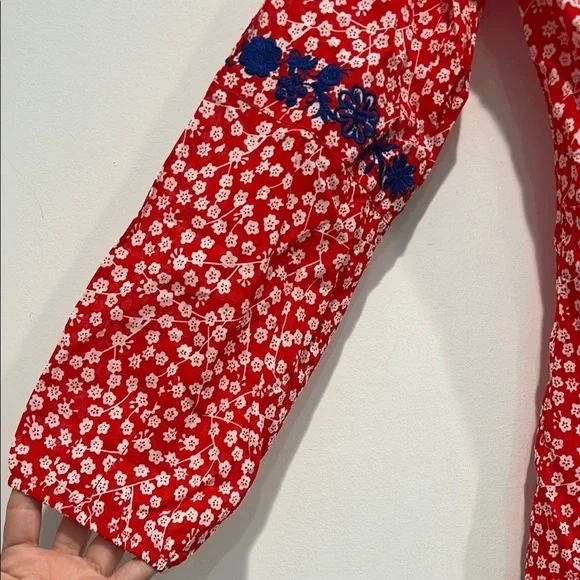 Solitaire Red / White Long Sleeve Tunic with blue embroidered bohemian top small - Picture 5 of 7
